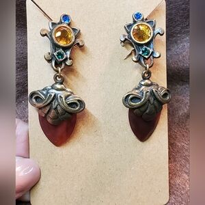 Robert Rose Clip On Earrings Glass Arrowhead Look & Rhinestones